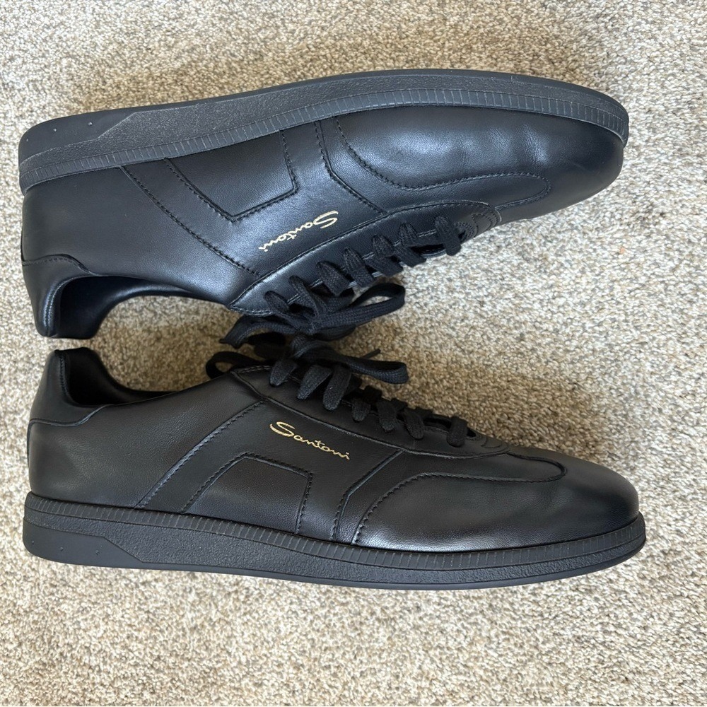 Santoni - Men's Calf Leather Almond Toe DBS Oly Sneakers - Size 10.5 - Black - Picture 5 of 10